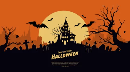 Gordijnen Halloween background with castle, graveyard and bats. Vector illustration. © Alice