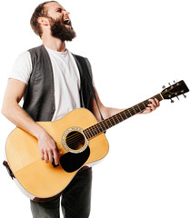 Hipster guitar player singing and playing the guitar - obrazy, fototapety, plakaty