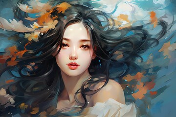 painting style illustration of pretty girl in windy outdoors with hair flow motion, Generative Ai