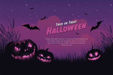 Halloween background with cemetery, full moon and flying bats and purple sky. Vector illustration.