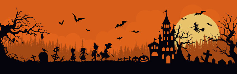 Halloween background with castle, bats and cemetery. Vector illustration.