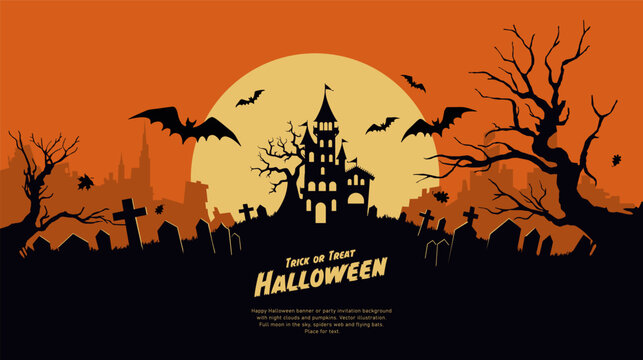 Halloween background with castle, graveyard and bats. Vector illustration.