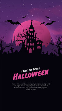 Halloween background with cemetery, full moon and flying bats and purple sky. Vector illustration.