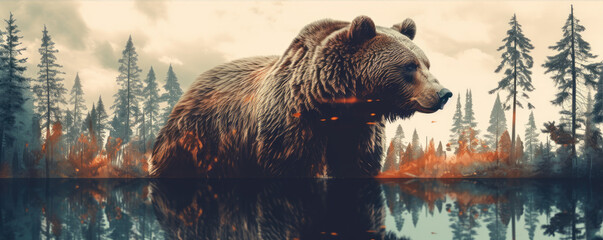 Wild brown bear design for t shirt printing. on white background. wide banner