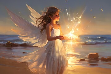 painting style illustration of and pretty angel girl at beach with light glow sparkling in her hand, Generative Ai