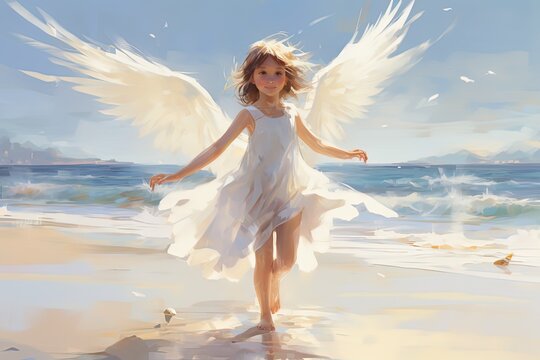 painting style illustration of pretty young angel girl running at sandy beach, Generative Ai