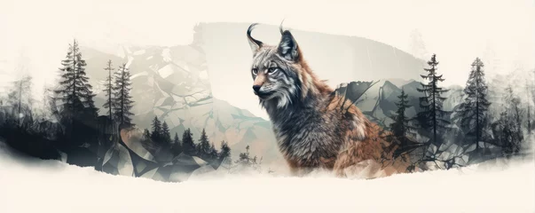 Fototapete Luchs Majestic eurasian lynx design for t shirt print.  on white background. wide banner