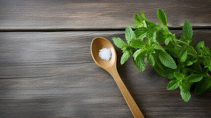 Stevia sugar in wooden spoon with fresh stevia leaves on wooden table. Spoon filled with stevia powder on natural wooden background, copy space. Natural sweetener, sugar substitute, alternative sugar - obrazy, fototapety, plakaty