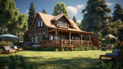 Fototapeta na wymiar Wooden country house, landscape design.