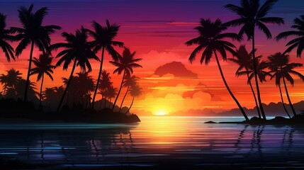 Fototapeta na wymiar Neon sunset, evening landscape with palm trees, coast by the sea.