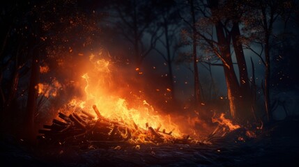 A forest fire spreading rapidly through a dense woodland
