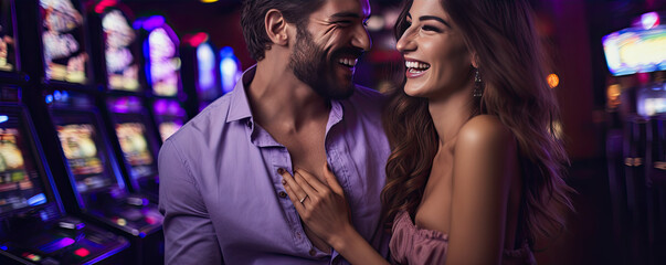 Happy couple playing on slot machine in casino. purple colors.