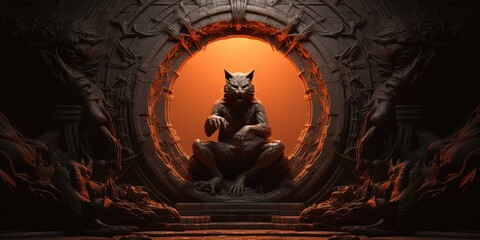 an ancient fox sculpture on rock seat in cave tunnel with orange light behind, Generative Ai
