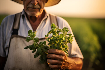 Farmer holding bunch of stevia plant over blurred stevia field. A farmer holding a bunch of Stevia plant on unfocus background. Natural sweetener, sugar substitute, alternative sugar. No sugar concept - obrazy, fototapety, plakaty