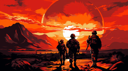 Obraz premium soldiers landscape illustration