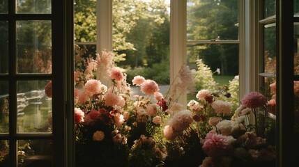 Generative AI, Beautiful aesthetic private garden with many flowers and plants, nature landscape, muted neutral colors