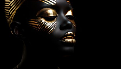 Obraz premium close up cosmetic fashion face shot of African dark skin woman wearing golden make up glow in metallic color, Generative Ai