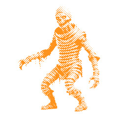 Fototapeta na wymiar Walking mummy - Halloween halftone dotted realistic clipart. Offset texture Vintage illustration in 90s grunge style