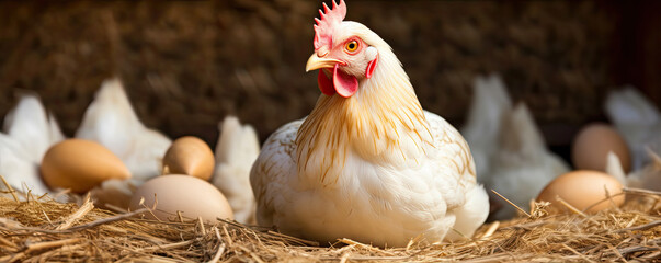 Hen with freshly eggs. panorma photo