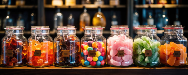 Fototapeta na wymiar Jars filled with assorted multicolored candies.