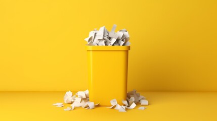 Paper trash stacked on recycle bin on yellow background - obrazy, fototapety, plakaty