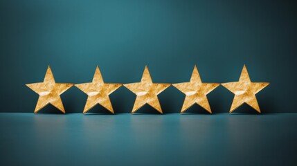 Fototapeta premium Five stars on a blue background. Rating evaluation concept. High satisfaction. Good reputation. Popularity rating of restaurants, hotels or mobile applications. Highest score.