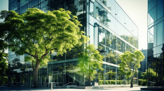 eco friendly building in the modern city. green tree branches with leaves and sustainable glass building for reducing heat and carbon dioxide. office building with green environment.