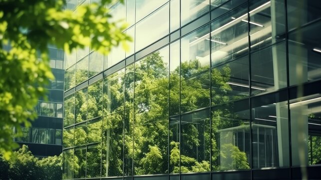 eco friendly building in the modern city. green tree branches with leaves and sustainable glass building for reducing heat and carbon dioxide. office building with green environment.