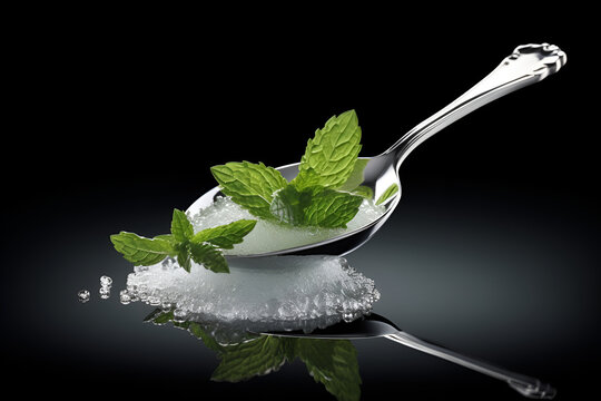 Stevia sugar. Spoon filled with stevia powder and fresh stevia leaves on dark background with reflection, copy space. Natural sweetener, sugar substitute, alternative sugar. No sugar