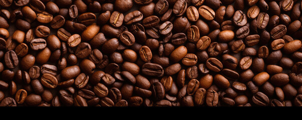 Fototapeta premium Coffee beans top view. panorama photo.