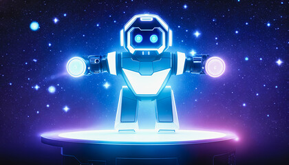 Fototapeta premium Holographic Robot Against Cosmic Stars. Generative AI.