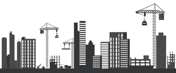 Black silhouette of a construction site isolated on transparent background. Construction cranes over buildings. City development. Vector illustration.