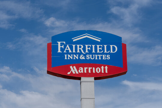 Fairfield Inn and Suites by Marriott pole sign with the blue sky in the background. Sparks, Nevada, USA, June 5, 2023. 