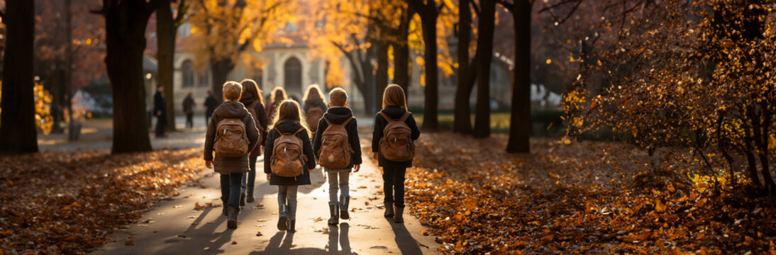 Schulfreunde Junge und M&auml;dchen R&uuml;ckenansicht mit Schultasche auf dem Weg zur Schule im Querformat als Banner, ai generativ