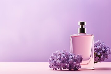 Obraz na płótnie Canvas bottle of perfume with beautiful lilac flowers as background - copyspace advertisement template (Generative AI)