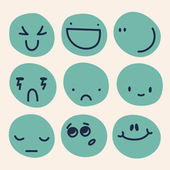 Set of hand drawn faces with different emotions. Vector illustration 