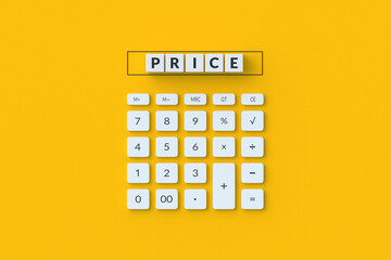 Family budget planning. Pricing analysis. Business concept. Best cost. Financial calculation. Special offer. Calculator buttons and cubes with inscription price on orange background. 3d render