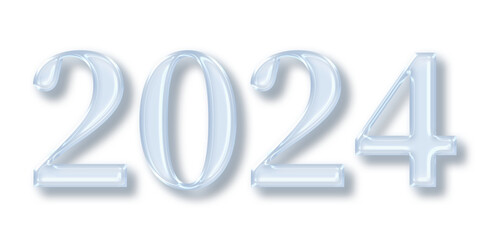 2024 year text graphic with transparent glass material, glass texture, transparent text, 2024 year lettering, new year 