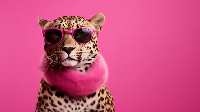 A stylish leopard wearing sunglasses against a vibrant pink background