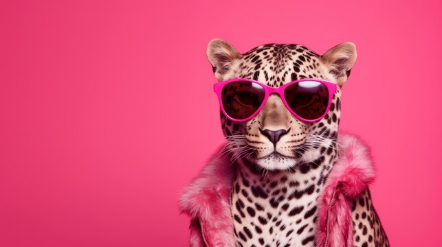 A stylish leopard wearing sunglasses against a vibrant pink background