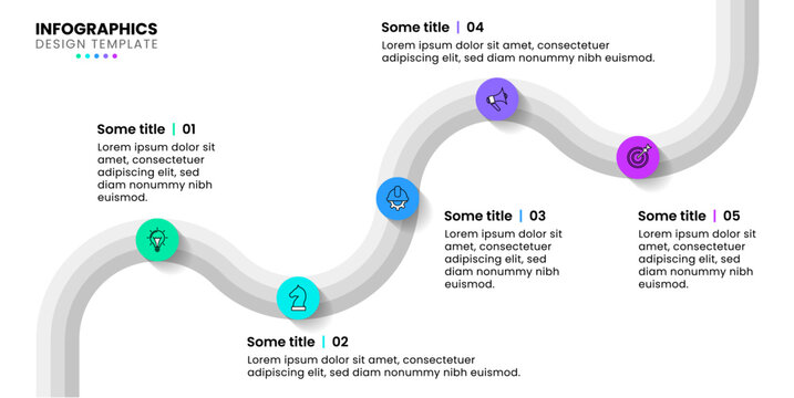 Infographic template. Gray line with 5 steps and icons