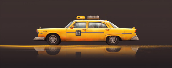 Yellow old taxi in dark city.