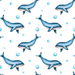 Watercolor seamless pattern with blue whales isolated on white background. Hand painting realistic Arctic and Antarctic ocean mammals. For designers, decoration, 