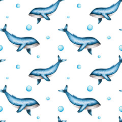 Fototapeta premium Watercolor seamless pattern with blue whales isolated on white background. Hand painting realistic Arctic and Antarctic ocean mammals. For designers, decoration, 