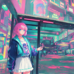 90s style glowing anime lofi girl, lofi vaporwave anime city landscape, futuristic vibes