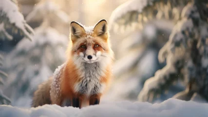  Red fox in snowy winter landscape against blurred forest background. © ekim