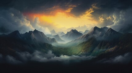 A breathtaking landscape painting capturing the majesty of a mountain range and the beauty of the clouds