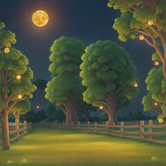 Painting of a field with a path and a full moon, anime countryside landscape, field of flowers at night, cozy night fireflies