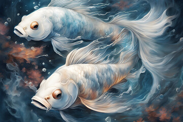 Fantasy realism, digital art, white-nosed carp, thin flower fins with traces, very stylish, high definition, surreal,Illustrations, watercolors,generative ai