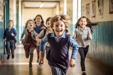 A group of school children walking in a hallway with their backpacks open - obrazy, fototapety, plakaty